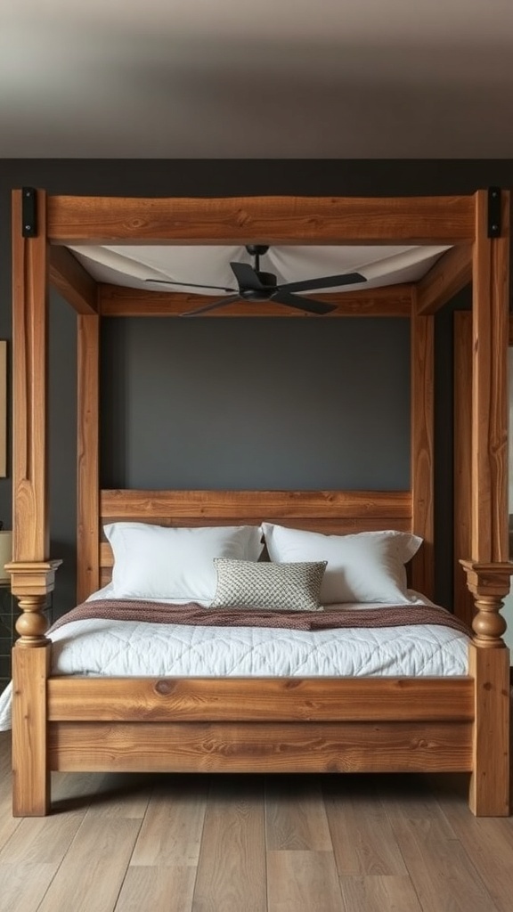 A rustic farmhouse canopy bed made of warm wood with white bedding and a ceiling fan above.