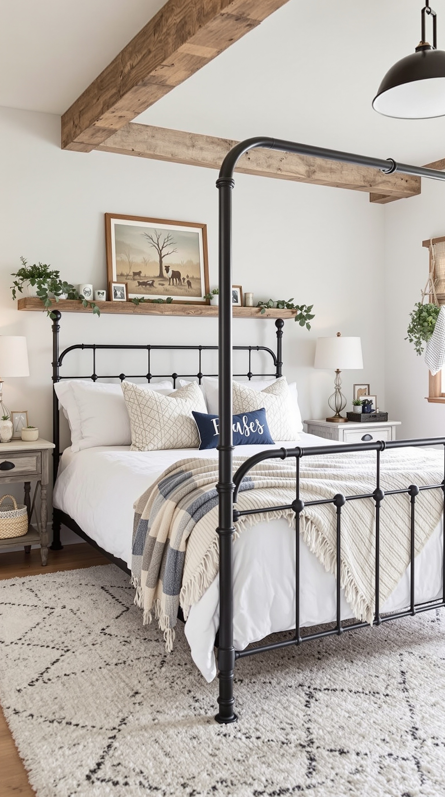 A cozy bedroom featuring a black metal bed frame with white linens, wooden beams, and plants.