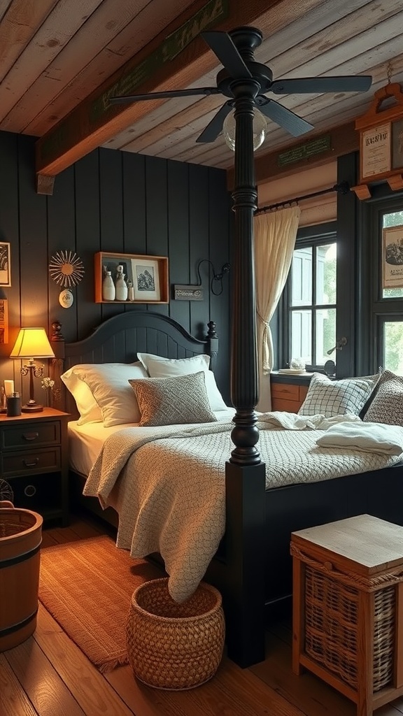 A cozy bedroom featuring black furniture, warm wood floors, and rustic decor.