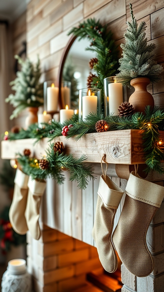 A rustic farmhouse Christmas mantle decorated with greenery, candles, and personalized stockings.