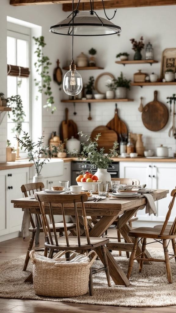 A rustic kitchen table surrounded by chairs, with natural decor and kitchenware on display.
