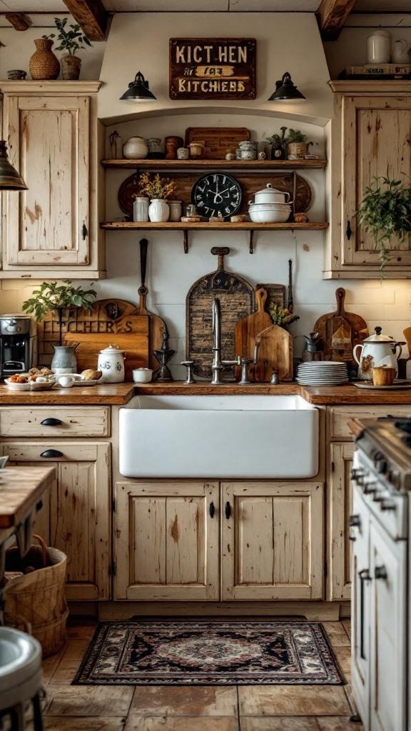 A rustic farmhouse kitchen with weathered wood cabinets, open shelving, and a farmhouse sink.