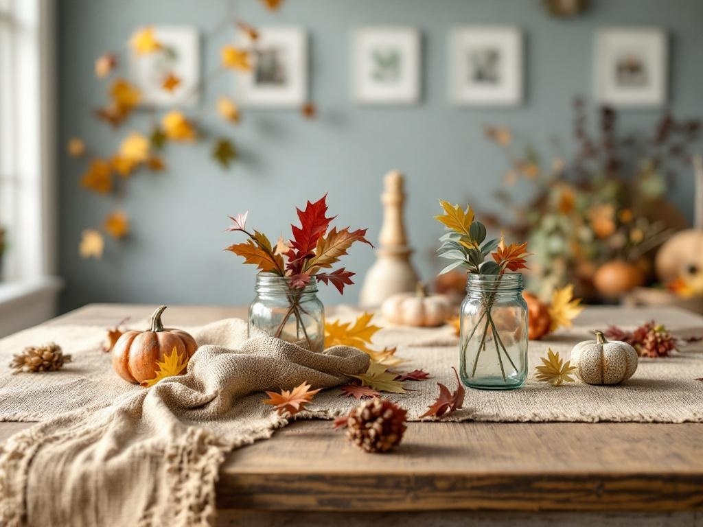 Thanksgiving table with burlap runner, glass jars with autumn leaves, mini pumpkins, and pinecones.