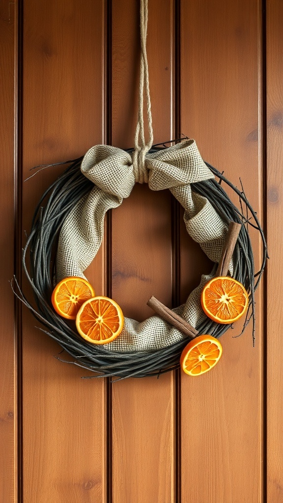 A rustic winter wreath made of twigs, burlap, and dried orange slices.