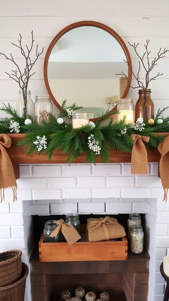 A rustic winter mantle decorated with greenery, candles, and natural elements.