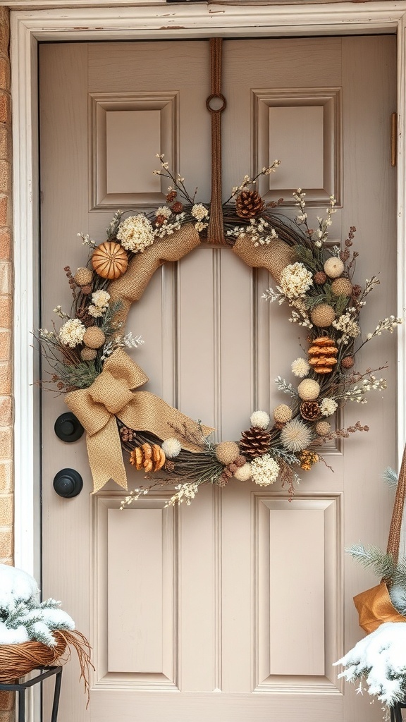 A rustic winter wreath made with natural elements like pinecones and burlap, hanging on a front door.