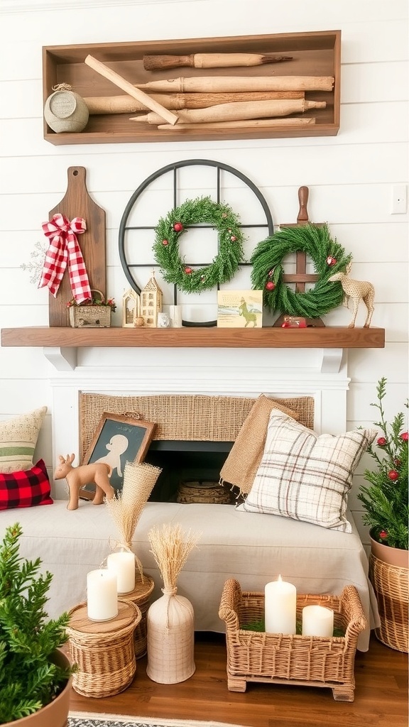 A cozy rustic farmhouse Christmas setup with a decorated tree, wooden accents, and festive greenery.