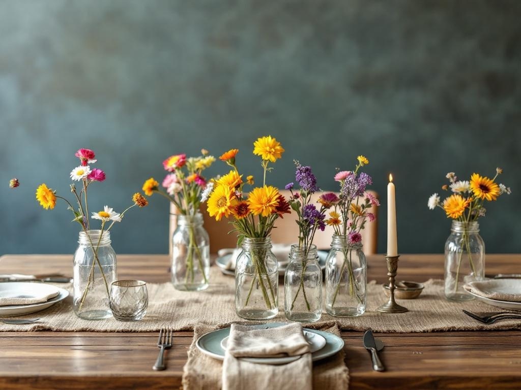 A rustic farmhouse Thanksgiving table setting with mason jars filled with flowers, burlap runner, and simple dinnerware.
