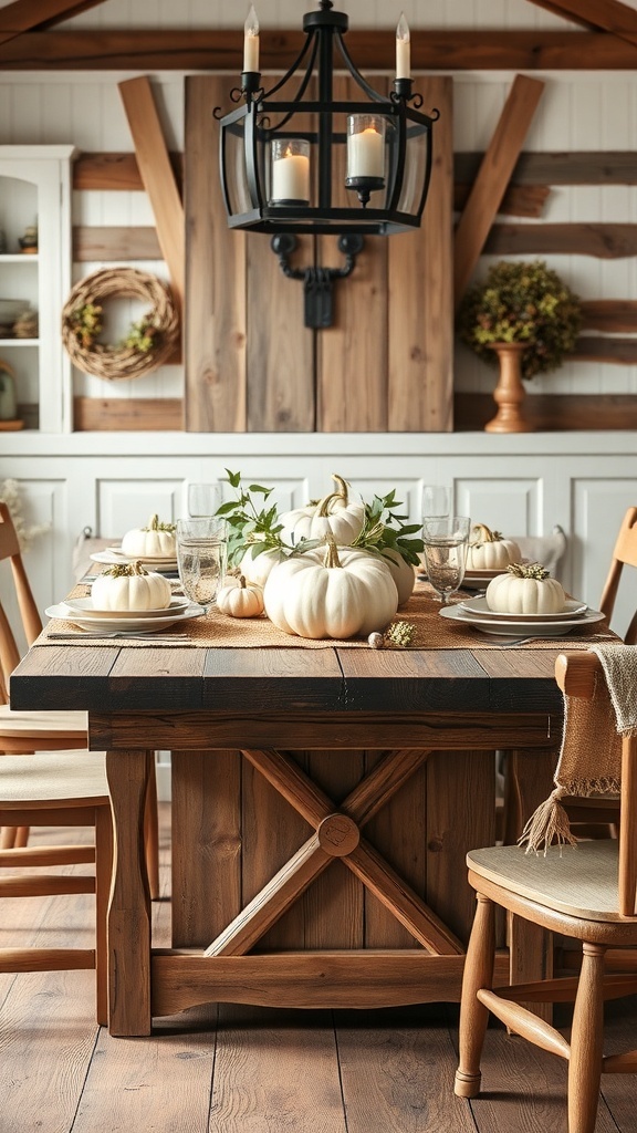 A rustic farmhouse dining table decorated with white pumpkins and greenery, illuminated by a lantern.