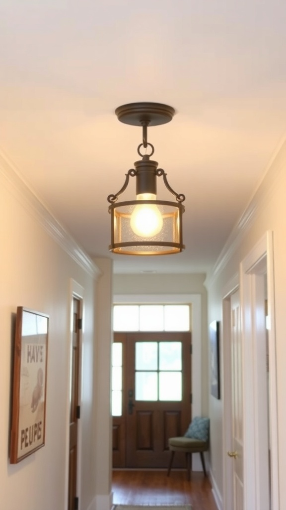 A rustic flush mount light fixture in a hallway