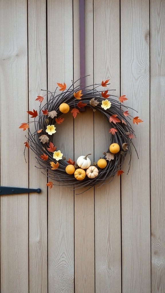 A rustic grapevine wreath adorned with autumn leaves, yellow flowers, and small pumpkins, hanging on a wooden door.