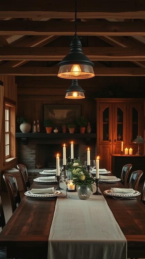 A rustic farmhouse dining area with pendant lights and candles on the table.