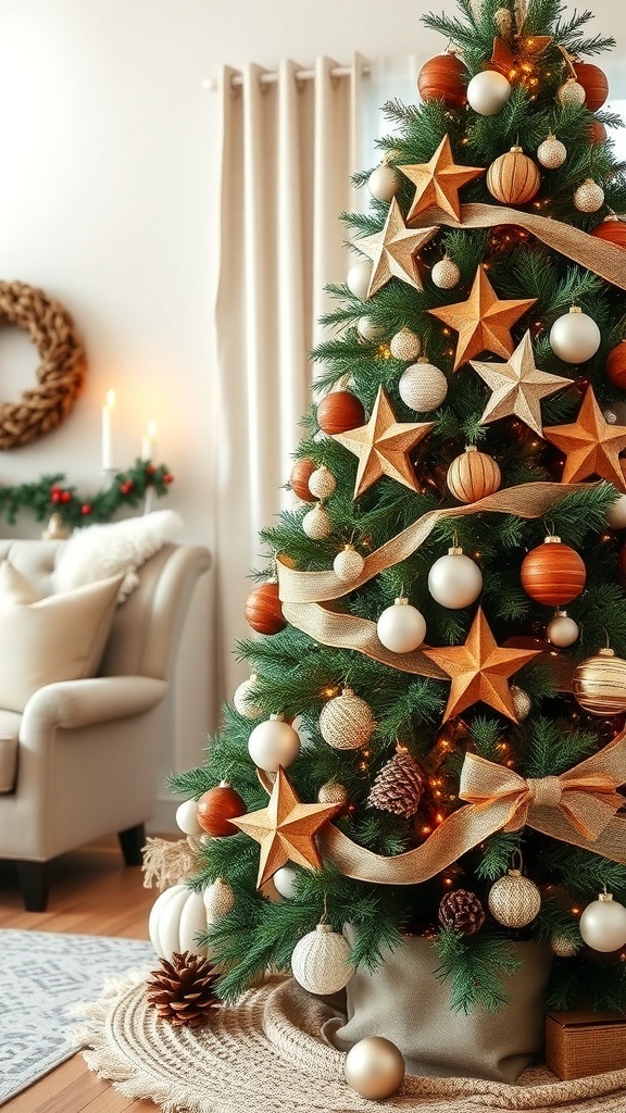 A beautifully decorated Christmas tree with rustic farmhouse ornaments, featuring wooden stars, earthy-colored ornaments, and warm lights.