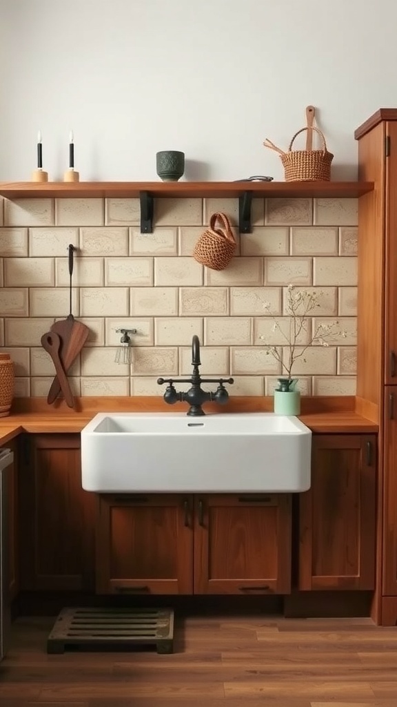 A rustic farmhouse sink in a small kitchen with wooden cabinets and natural decor.