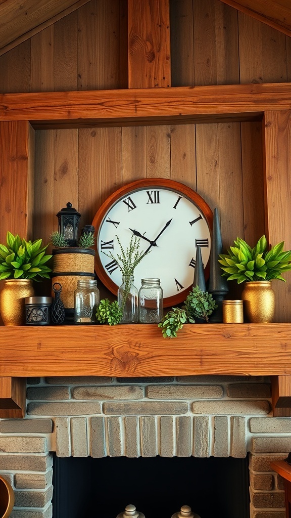 A rustic farmhouse mantel decorated with a twig wreath, wooden signs, and glass jars.