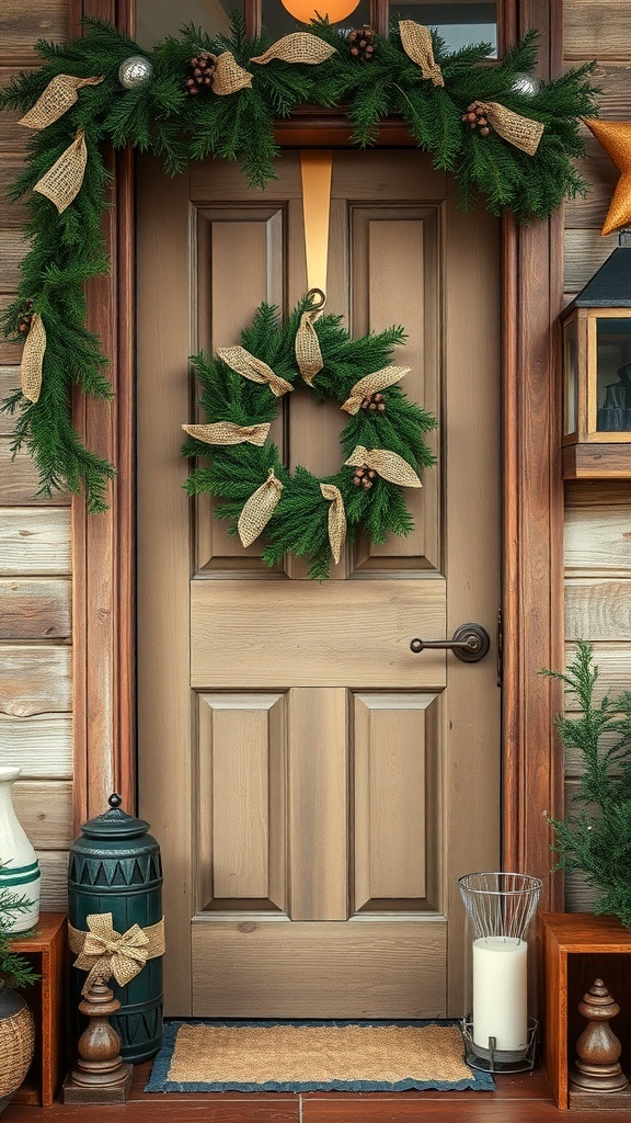A beautifully decorated door with a wreath and garland in a rustic farmhouse style.