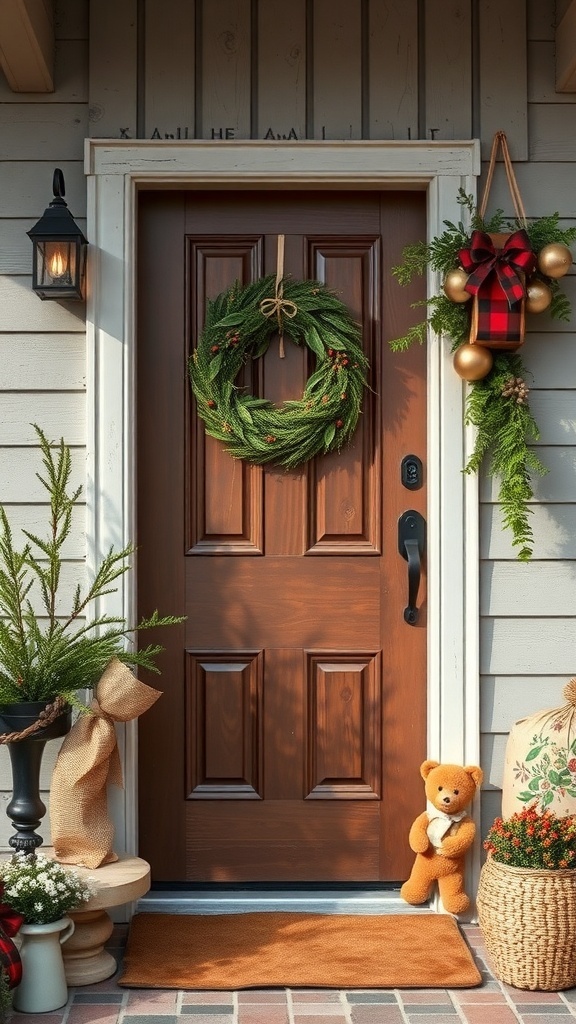 A rustic farmhouse front door decorated for Christmas with a wreath, greenery, and a teddy bear.