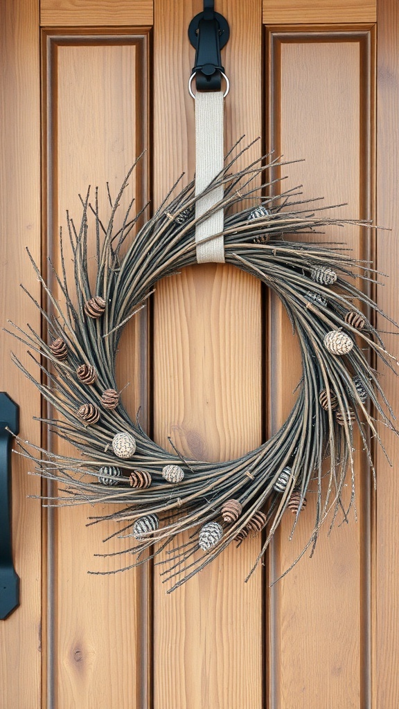 A rustic farmhouse style wreath made of twigs and pinecones hanging on a wooden door.