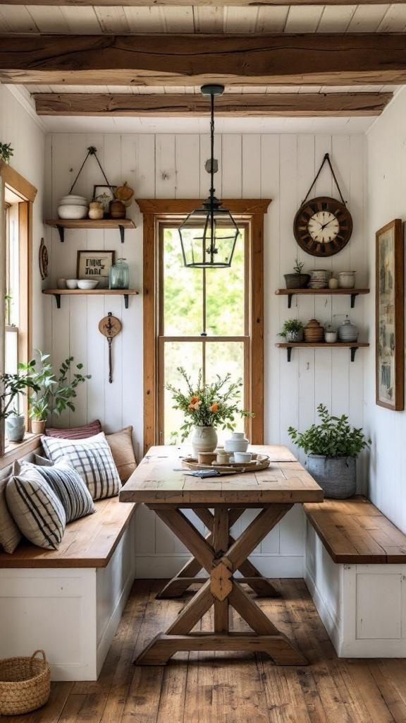 A cozy kitchen nook with wooden beams, a rustic table, and benches adorned with pillows, surrounded by plants and natural light.