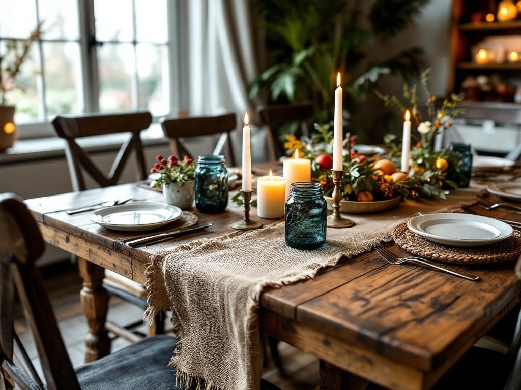 Rustic farmhouse dining table decorated with burlap, candles, and natural accents for Thanksgiving.