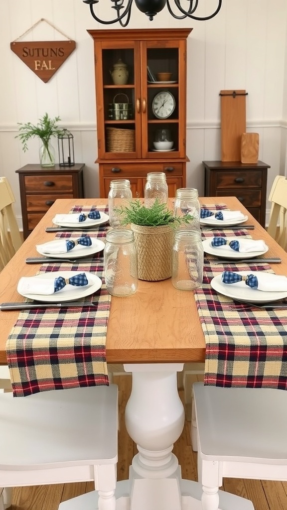 A rustic farmhouse dining table set with plaid table runner, white dishes, and mason jars.