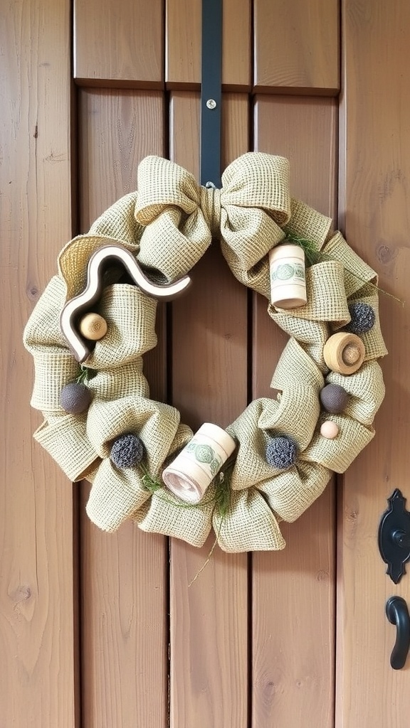 A rustic farmhouse wreath with burlap and a yellow flower, hanging on a wooden door.