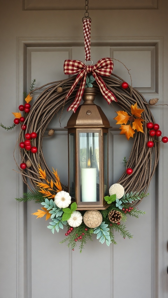 A rustic farmhouse wreath featuring a lantern, autumn leaves, berries, and a checkered bow.