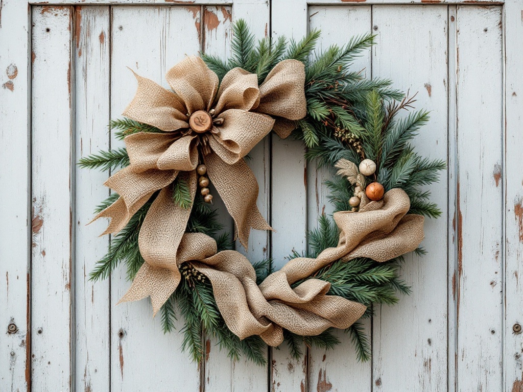 A rustic farmhouse wreath made of greenery and burlap, featuring a bow and wooden ornaments.