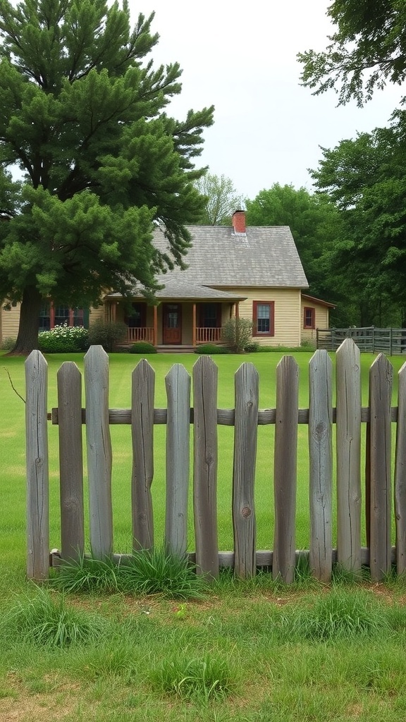 Rustic wooden fence in front of a farmhouse with green grass and trees.