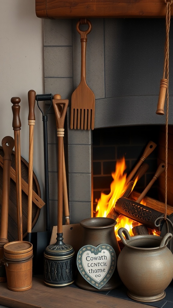 A collection of rustic fireplace accessories including wooden tools and decorative pots.