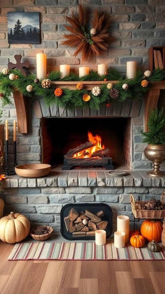 A rustic fireplace decorated for fall with greenery, pumpkins, and candles.