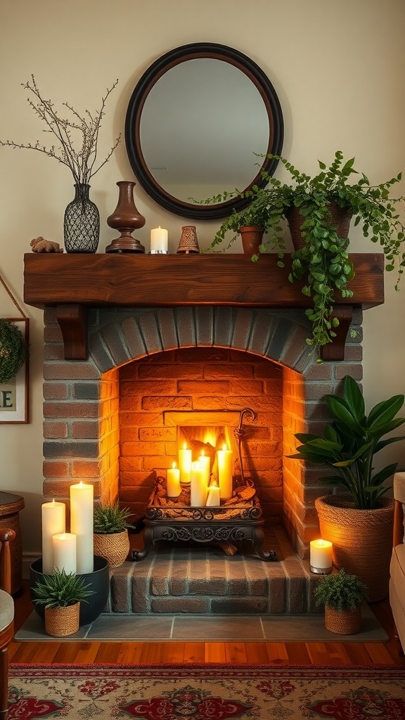 A rustic fireplace with candles and plants, creating a cozy atmosphere.