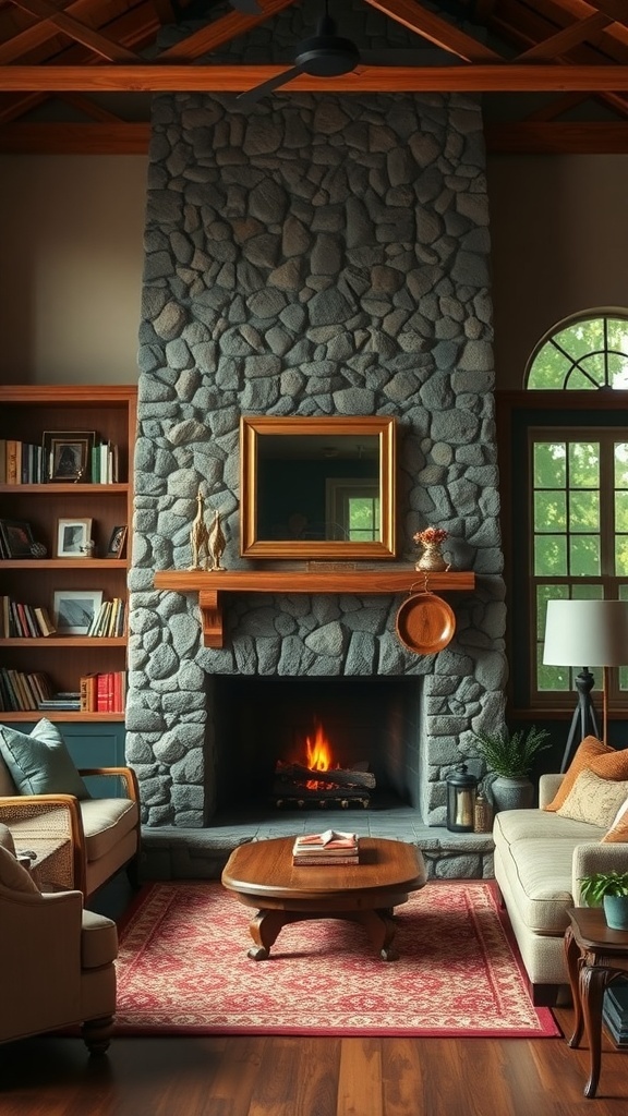 A rustic stone fireplace in a cozy living room with comfortable seating and warm lighting.