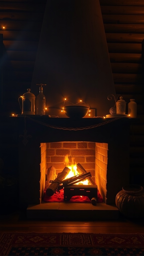 A rustic fireplace with a warm fire and ambient lighting, creating a cozy atmosphere.