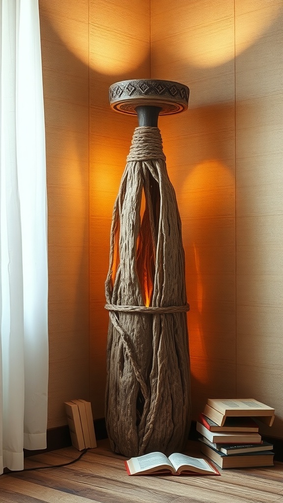 A rustic floor lamp made of twisted wood with warm lighting.