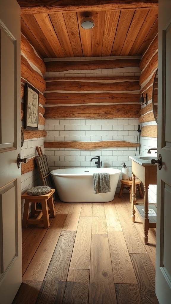 A rustic farmhouse bathroom featuring wooden flooring, a freestanding bathtub, and log walls.