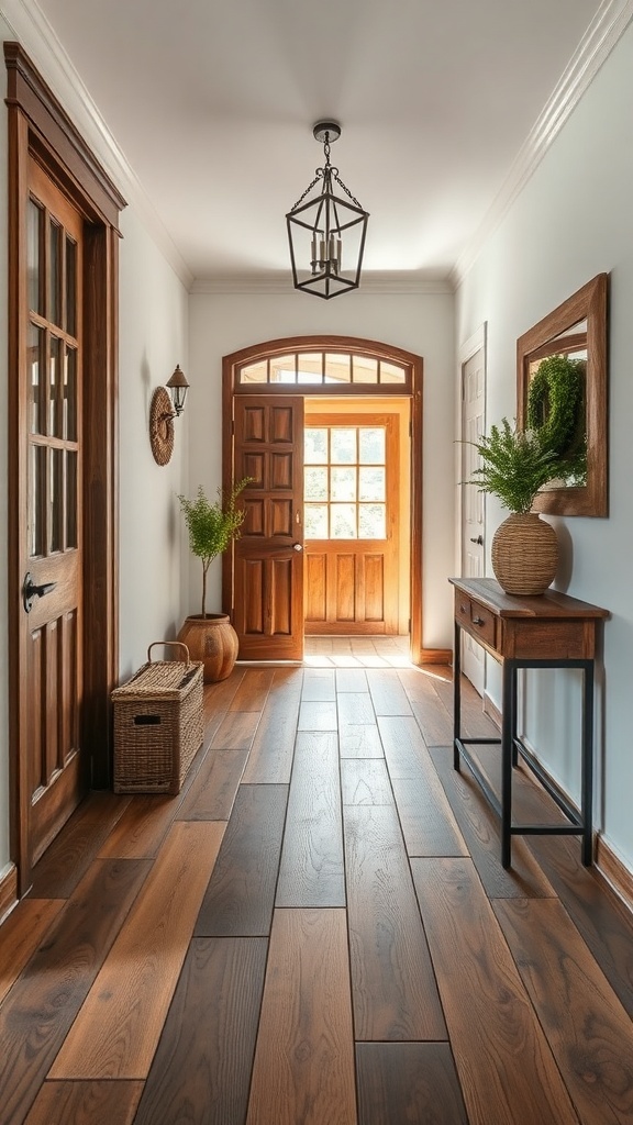 A rustic entryway featuring wooden flooring, a welcoming door, and stylish decor.