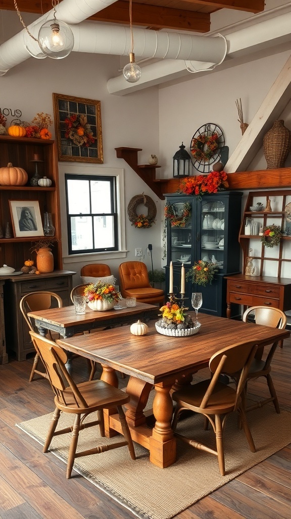 A cozy dining area with rustic furniture, featuring wooden tables and chairs, decorated for fall.