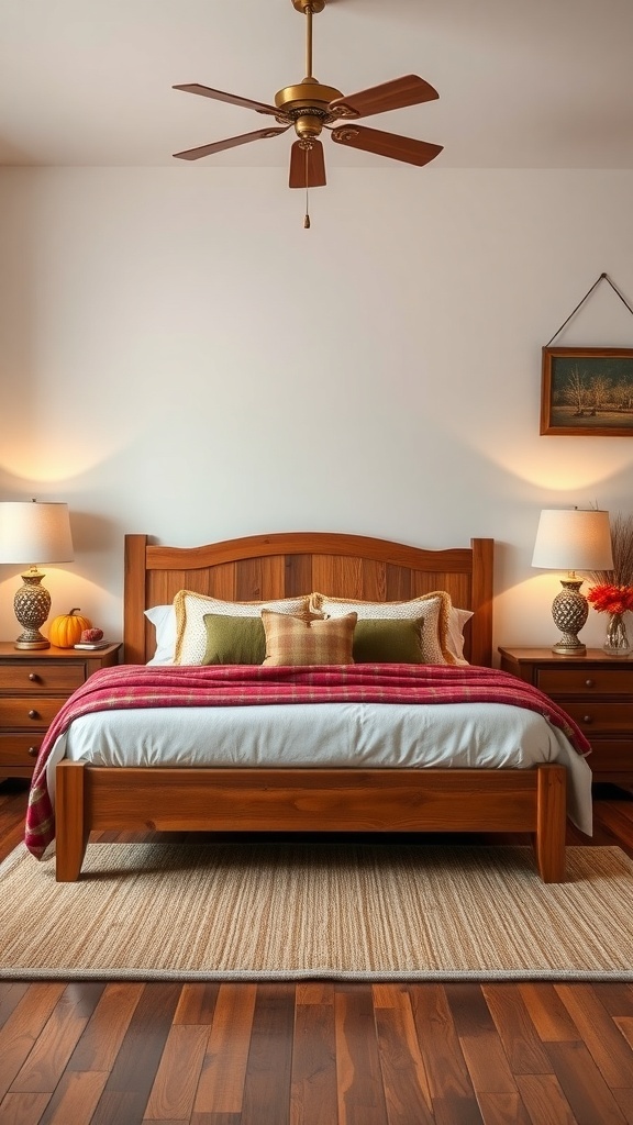 A cozy rustic bedroom featuring a wooden bed frame, warm bedding, and soft lighting.