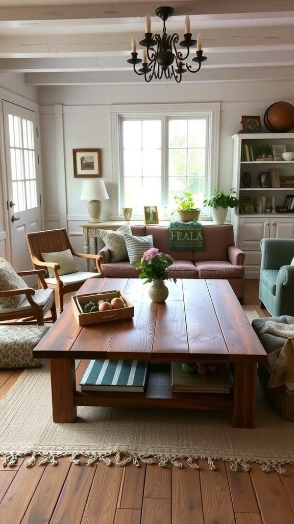 A cozy cottage living room featuring rustic furniture, including a wooden coffee table and comfortable seating.