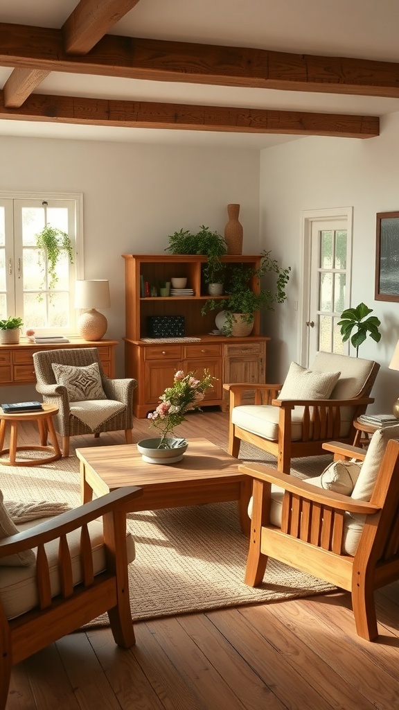 A cozy living room with rustic wooden furniture, featuring a coffee table, armchairs, and a bookshelf.