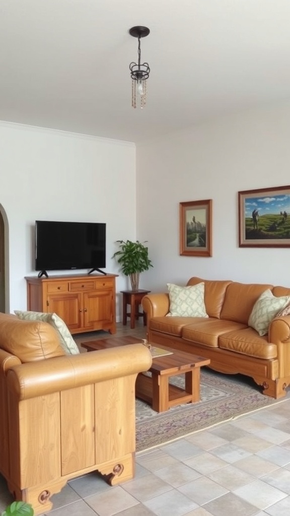A rustic living room featuring wooden furniture and earthy tones.