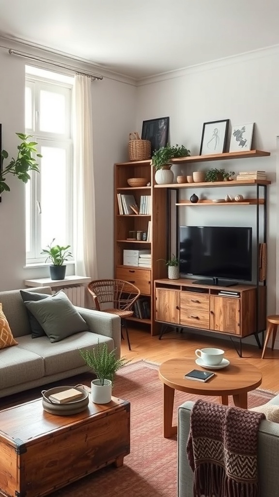 Cozy living room featuring rustic furniture, including a wooden coffee table and shelves.