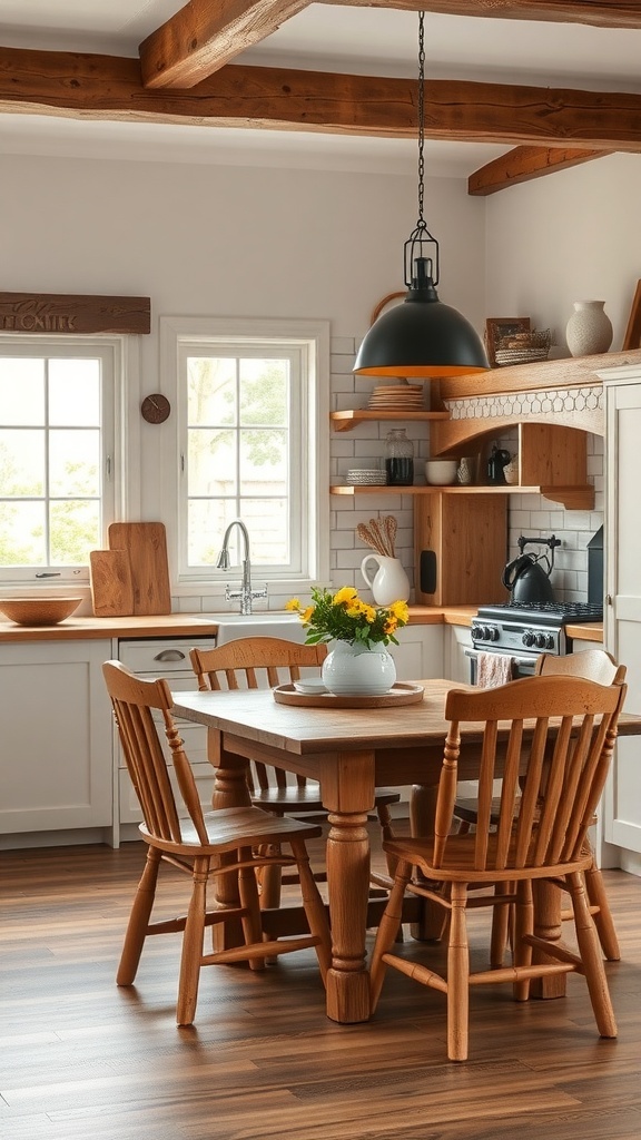 A rustic farmhouse kitchen featuring a wooden table and chairs, with a pendant light overhead.