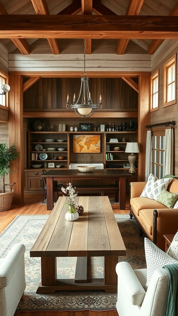 A cozy living room featuring rustic furniture with wooden beams, a large table, and comfortable seating.