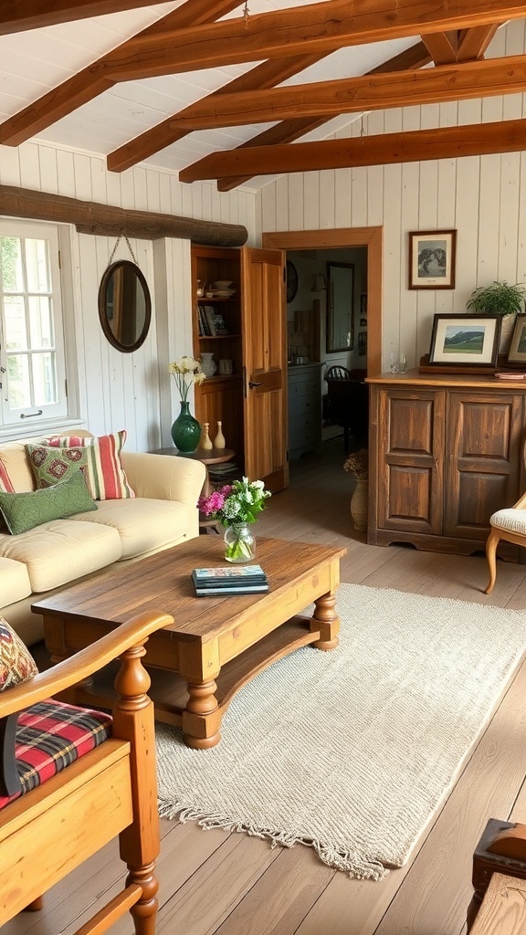 A cozy cottage style living room featuring rustic wooden furniture and warm decor.