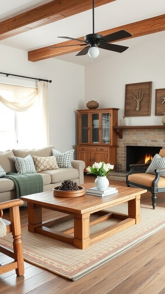 Cozy farmhouse living room with rustic furniture and vintage decor