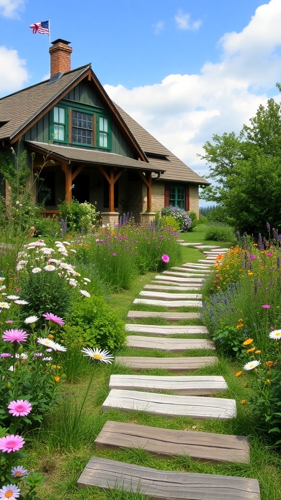 A rustic garden pathway leading to a charming house, surrounded by colorful flowers.