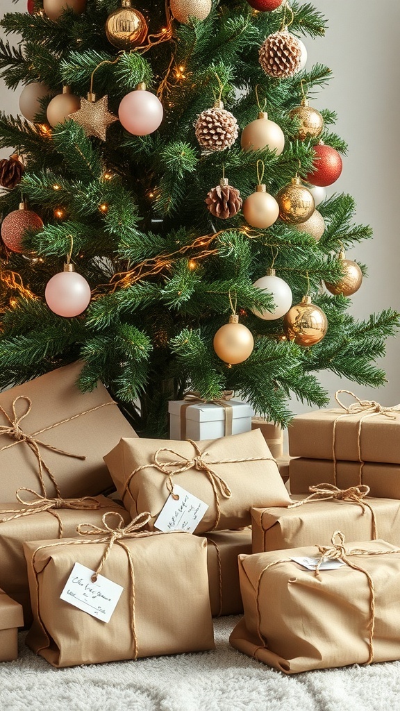 Rustic gift wrapping with brown paper and twine under a Christmas tree.