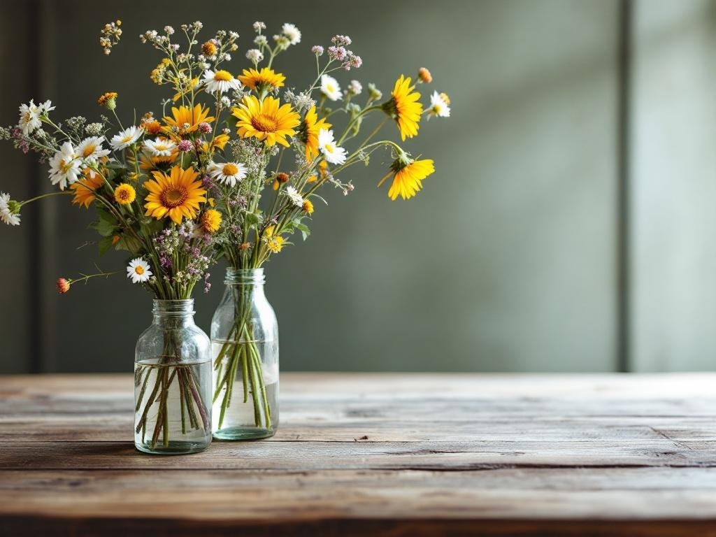 Two rustic glass bottles filled with colorful flowers on a wooden table.